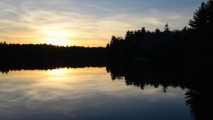 Sunset at the DAR State Forest shows setting sun behind a silhouette of trees, reflected by lake in foreground.