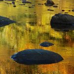 Dark rocks in water, with reflection of autumn trees in water