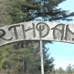 Wooden sign, with the word "Earthdance" carved into it. Trees in the background