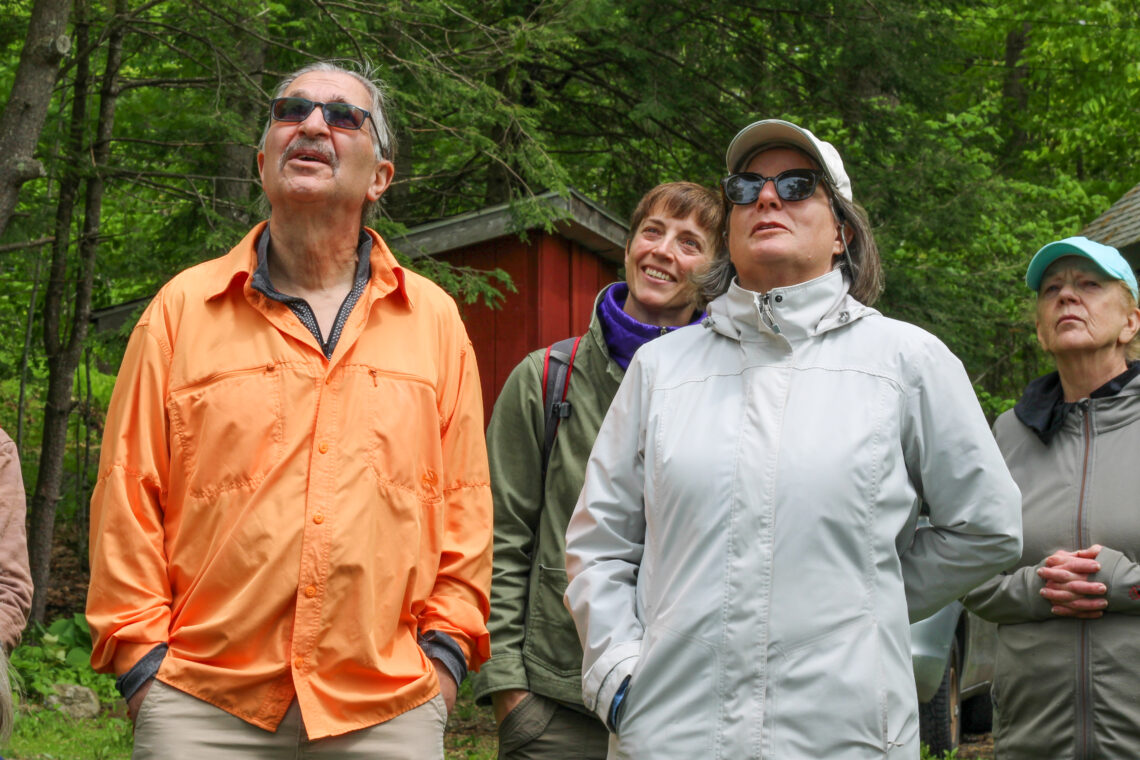 A group of four people, seen against a background of trees and a red building from the torsos up, smiles and looks up towards the sky.