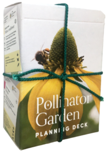 A deck of cards featuring a bee on a flower that says "Pollinator Garden Planning Deck."