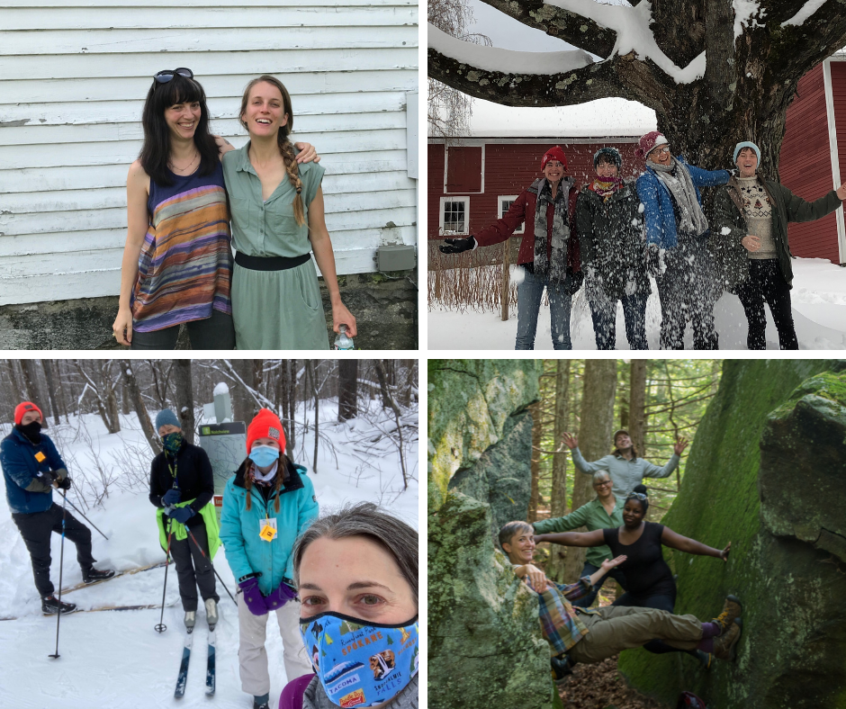 A series of four photos depicting Katie in her first, fourth, fifth, and sixth year with HLT, along with other AmeriCorps and staff members, including Tamsin Flanders, Tessa Dowling, Allie Foster, Sally Loomis, Barry Matthews, Audrey Boraski, Tim Antrim-Cashin, and Tiffany Thibodeau