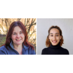 Left: Jess, who has red hair and is wearing a gray zip sweater, is seen from the shoulders up smiling into the camera. In the background are blurred, sunlit bare branches. Right: Juliette, who is wearing a black turtleneck and dangle earrings, is seen from the shoulders up smiling into the camera. They are standing in front of a textured white wall with their curly hair pulled back.