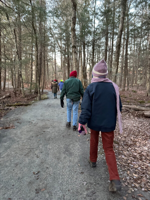 A trail of hikers move in silence in early dusk down the accessible trail at the DAR State Forest. 