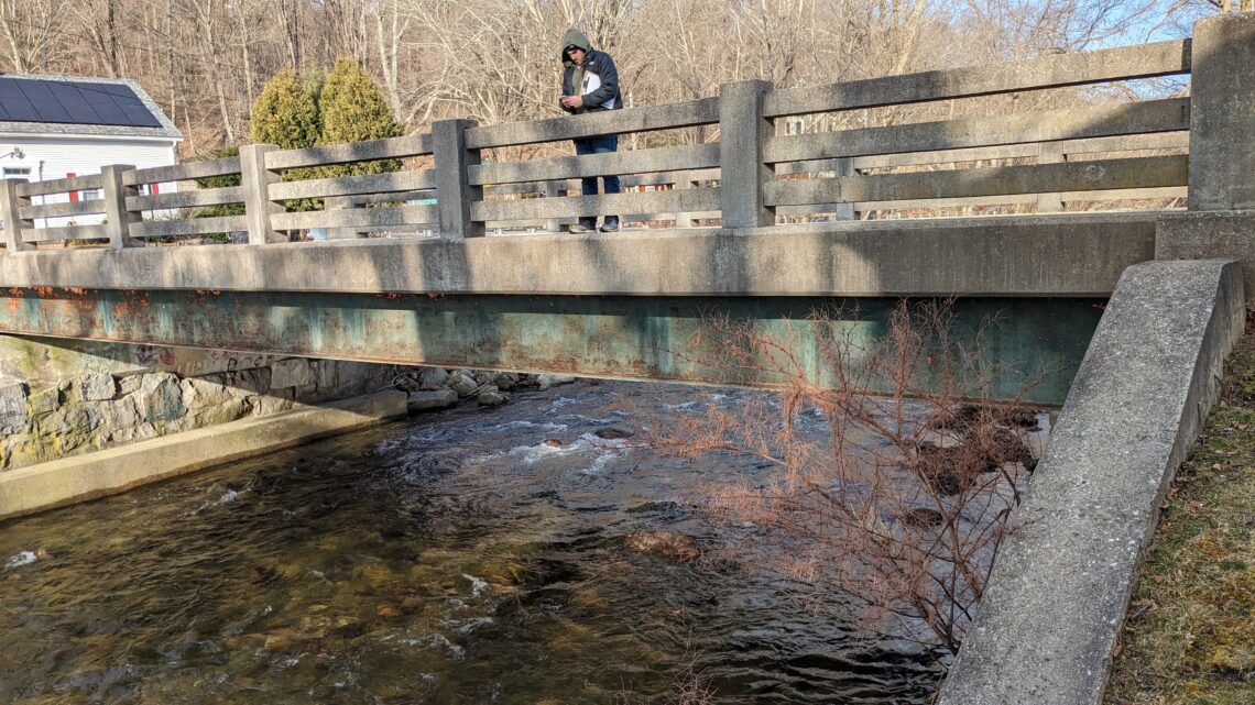 A man looks down from a concrete and metal road bridge towards a channeled river below.