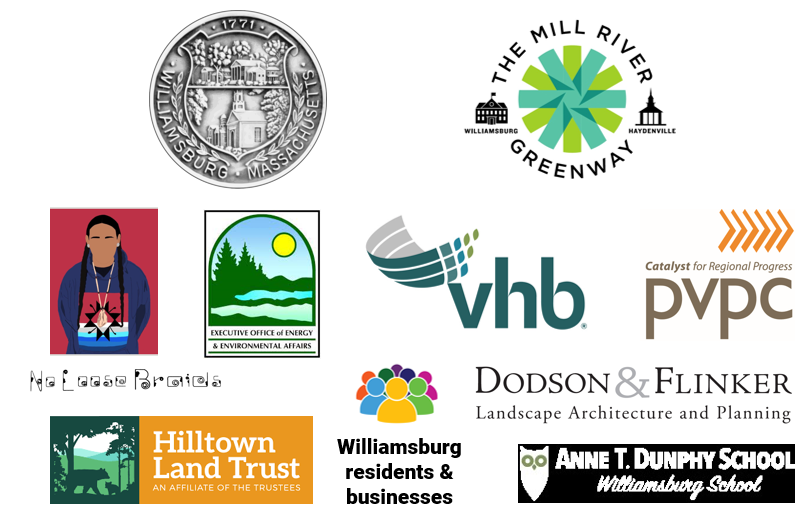 The logos of the town of Williamsburg, Mill River Greenway Initiative, No Loose Braids, Executive Office of Environmental Affairs, VHB, Pioneer Valley Planning Commission, Hilltown Land Trust, Williamsburg residents and businesses, Dodson and Flinker, and the Anne T Dunphy School.