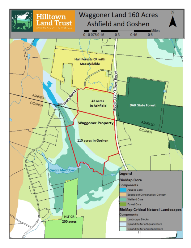 A map of the Waggoner parcels titled "Waggoner Land 160 Acres, Ashfield and Goshen." The map shows BioMap core habitat and critical natural landscapes, which congregate around the southern edge of the parcel.