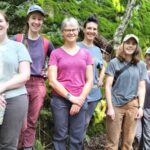 The six members of the HLT staff stand smiling shoulder to shoulder in front of a mossy rock cliff.